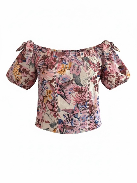 Flying Tomato Tops - Flying Tomato Pink Floral Off-Shoulder Tie-Shoulder Blouse S Embroidered detail